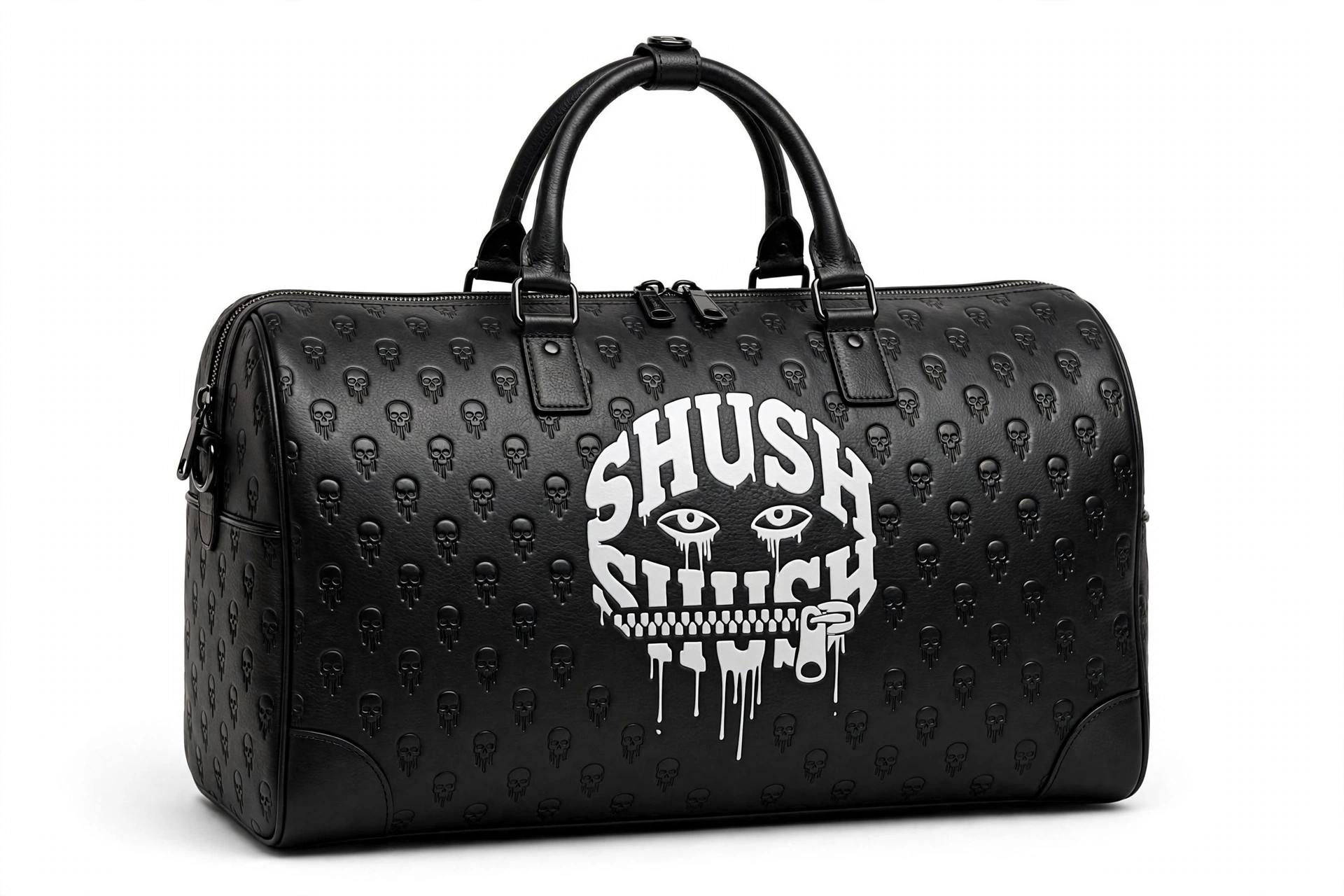 Black SHUSH duffle bag with an all-over engraved skull pattern and large white skull centerpiece