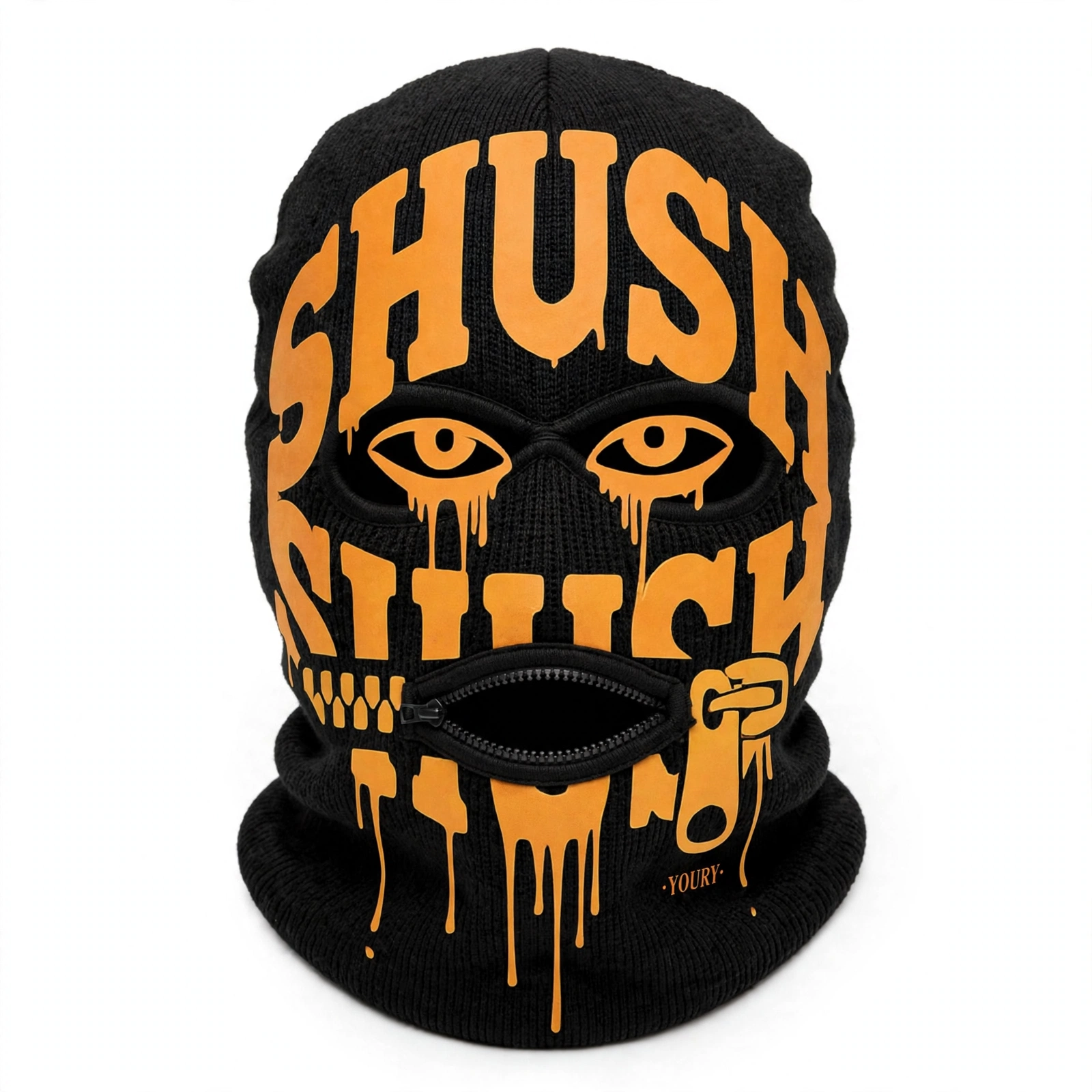 Black SHUSH ski mask with a full-face orange and gold skull graphic, aligned eye openings and zipper mouth