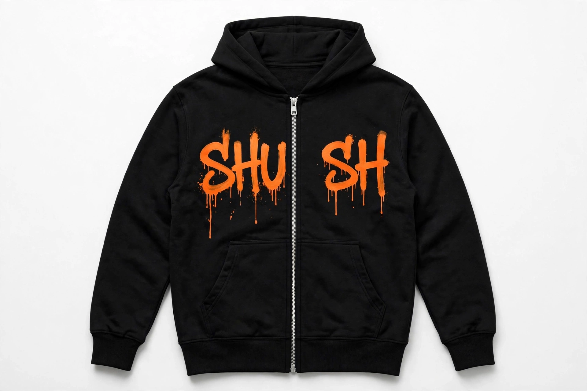 SHUSH zip-up hoodie in Black — the word SHUSH split by the center zipper, SHU on the left panel and SH on the right